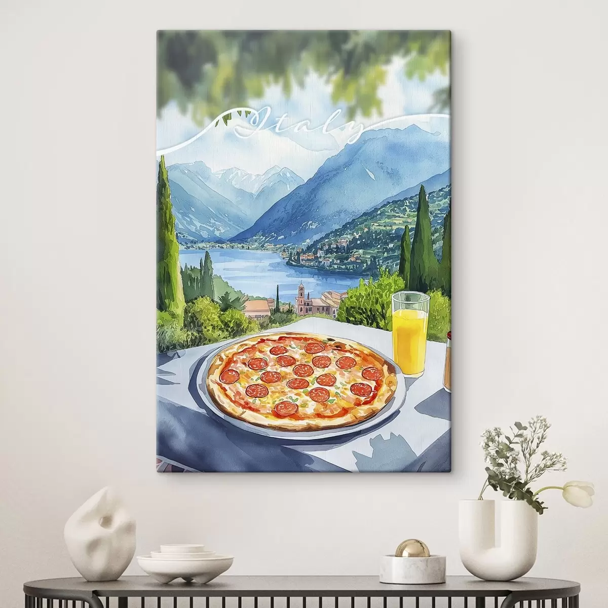 Wandbilder Aquarell-Stil, Italien, Pizza, alte Stadt, Berge Landschaft s42435