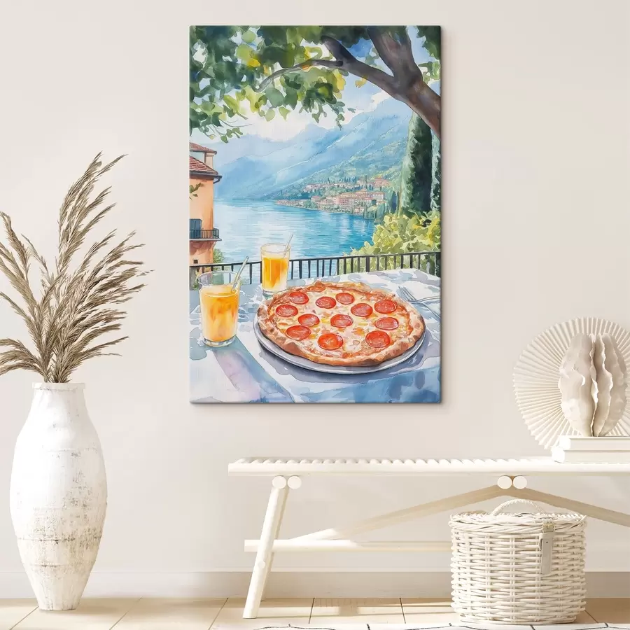 Wandbilder Brunch in Italien, Aquarellstil, Pizza Margarita, See, Sommer Natur s42436