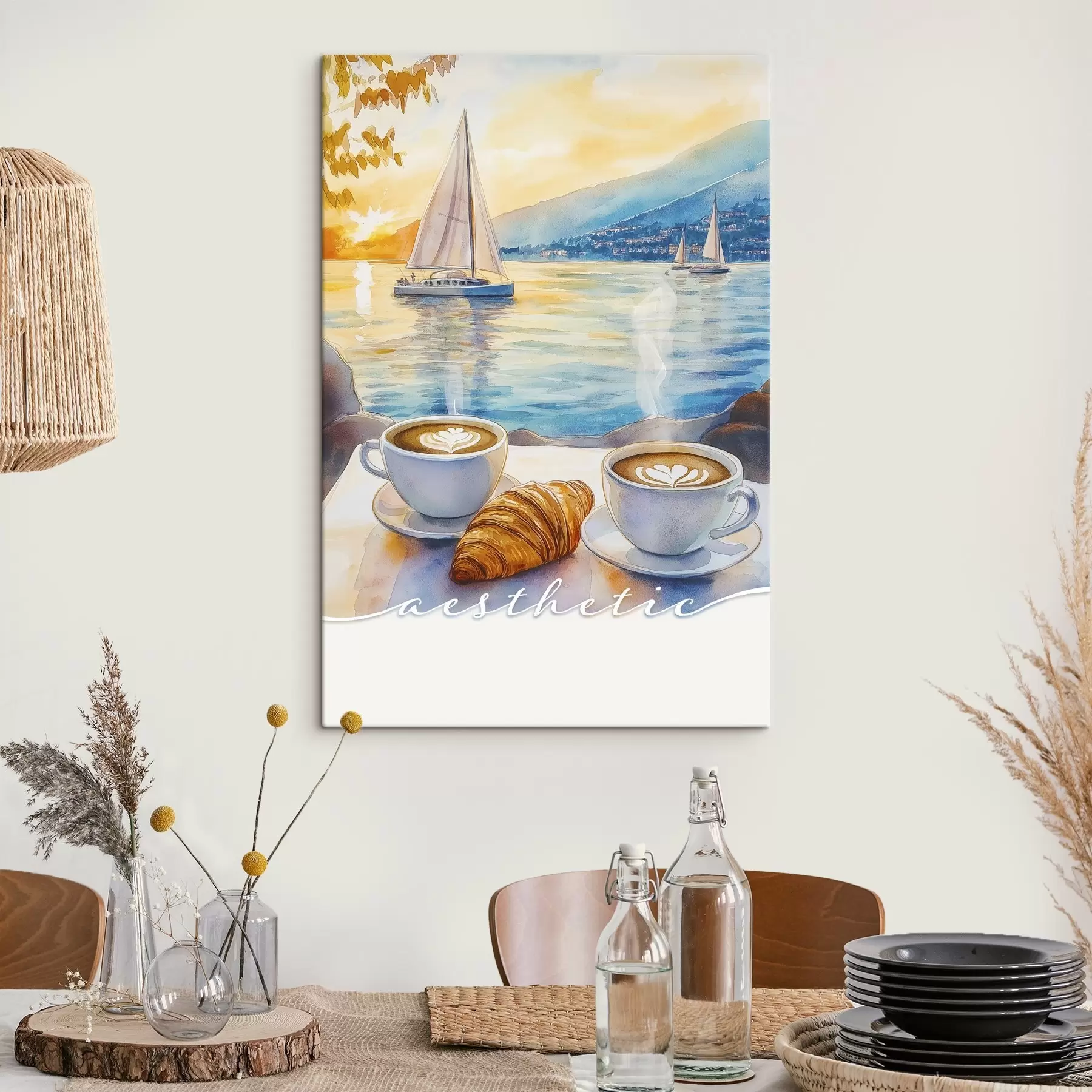 Wandbilder Zwei Tassen Cappuccino, Aquarell-Stil, Meer Sonnenuntergang, Segelboote, Berufung s42438