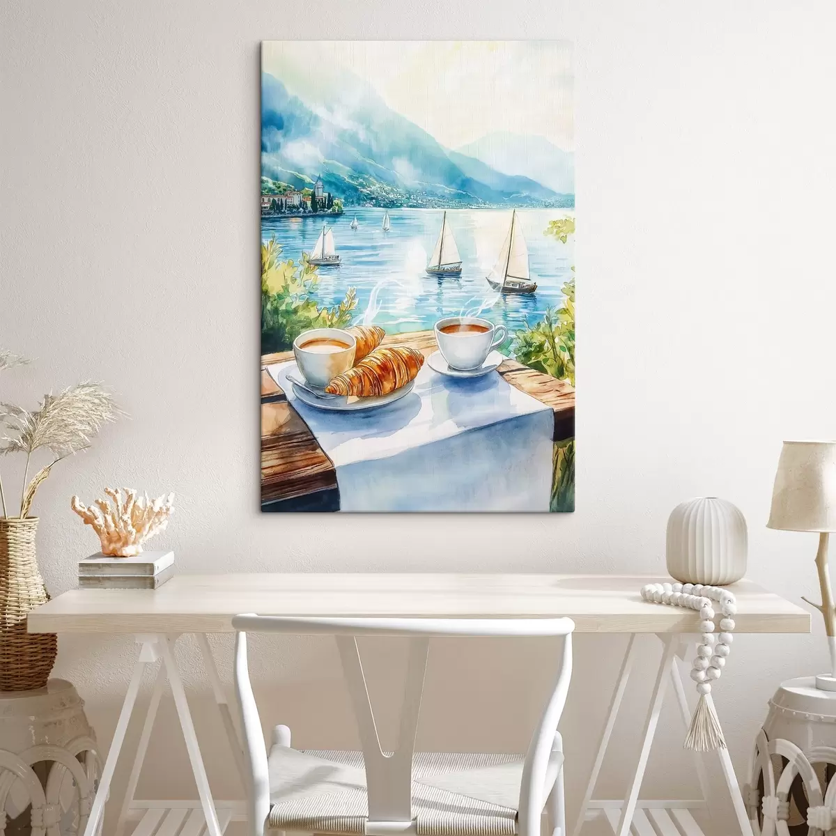 Wandbilder Sommer See mit Segelbooten, Tassen Kaffee, Croissants, Aquarell-Stil s42441