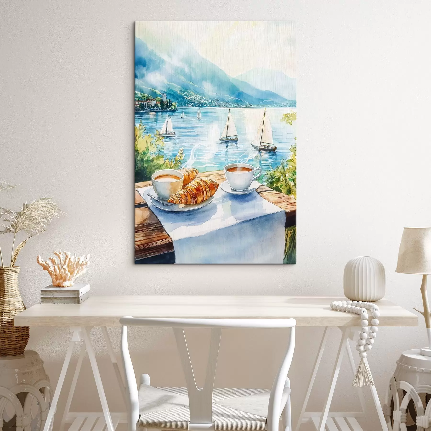 Wandbilder Sommer See mit Segelbooten, Tassen Kaffee, Croissants, Aquarell-Stil s42441