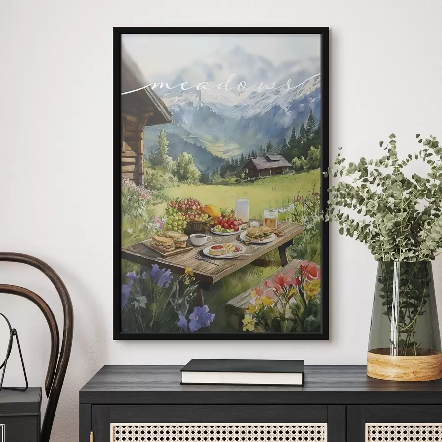 Fototapete Berglandschaften, Sommerwiese, Holzhäuser, Frühstück f42425