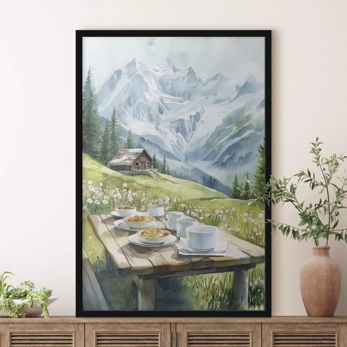 Poster Frühstück in den Alpen, Berge, Wald, Natur, Sommer, Aquarellstil f42426