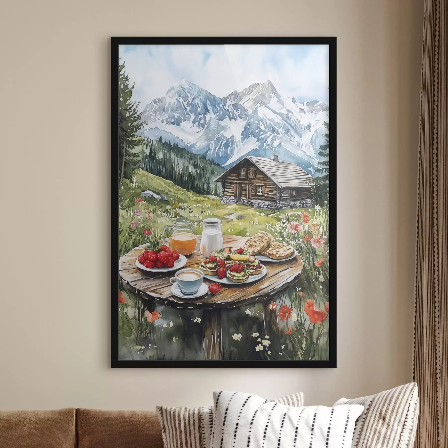 Fototapete Schöne Sommerlandschaften mit Bergen, Wald und Blumen, Frühstück, Aquarellstil f42427