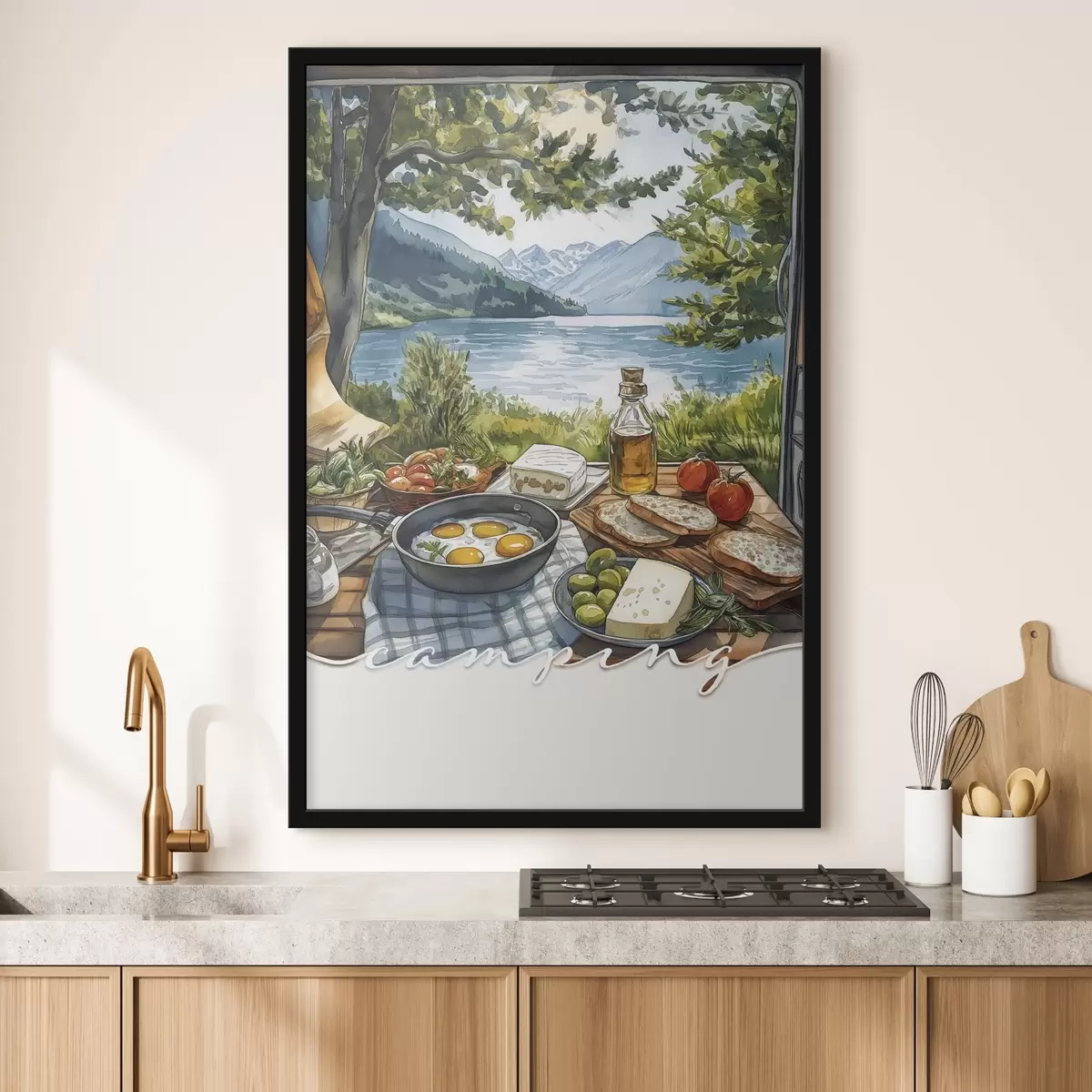 Poster Camping-Ästhetik, Aquarell-Stil, Sommer-See, Natur, Essen f42428