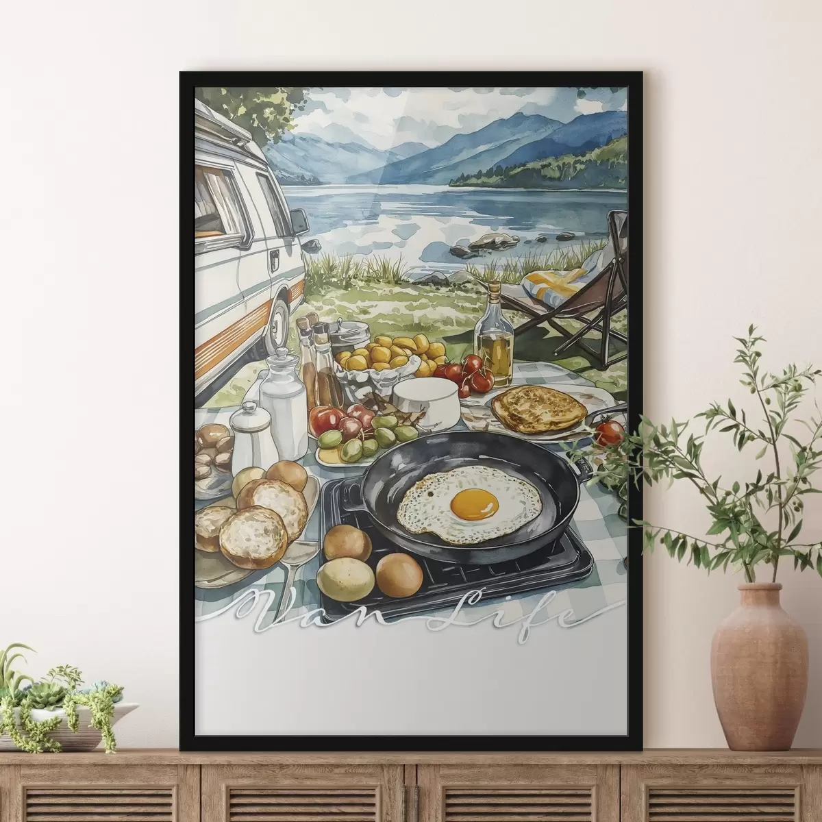 Poster Schöne Aquarell-Stil Frühstück, van Leben, Camping, Berge f42429