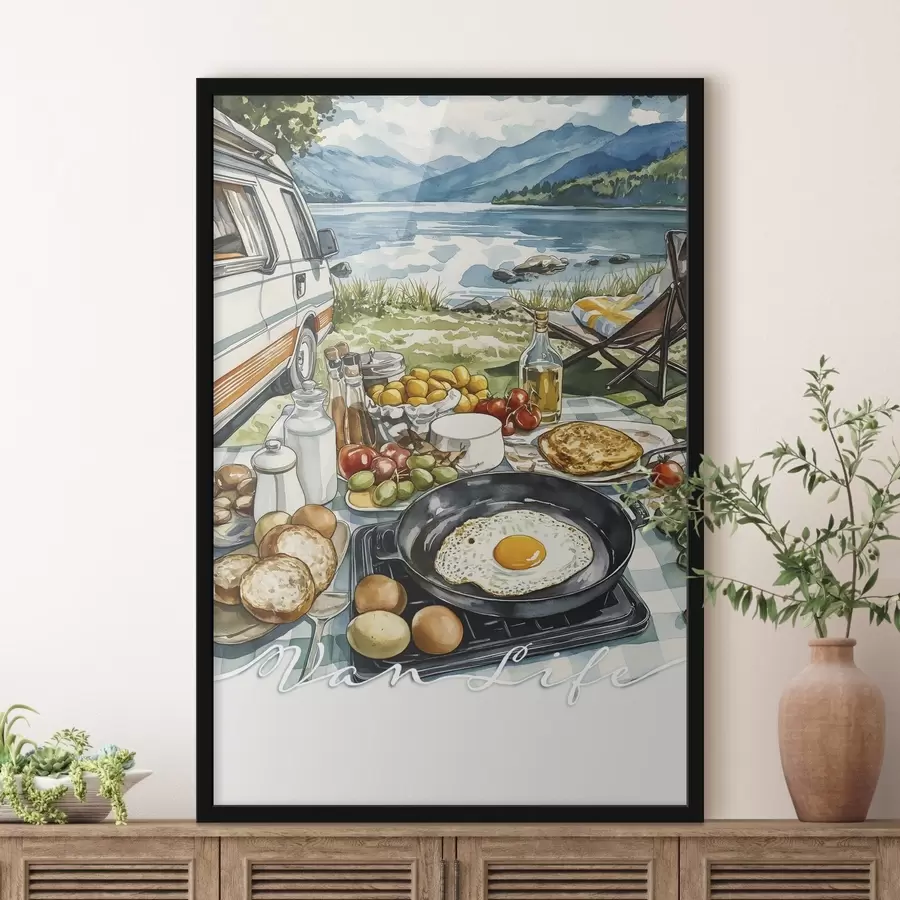 Fototapete Schöne Aquarell-Stil Frühstück, van Leben, Camping, Berge f42429