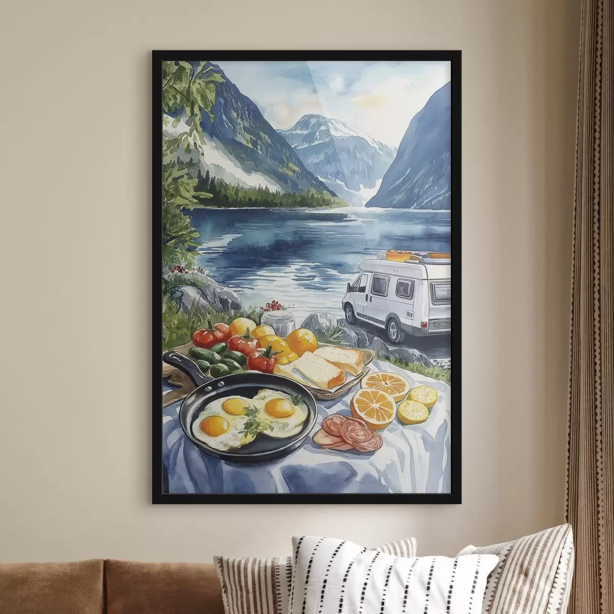 Poster Reisen, Leben im Freien, Aquarellstil, Norwegen, Frühstück f42430