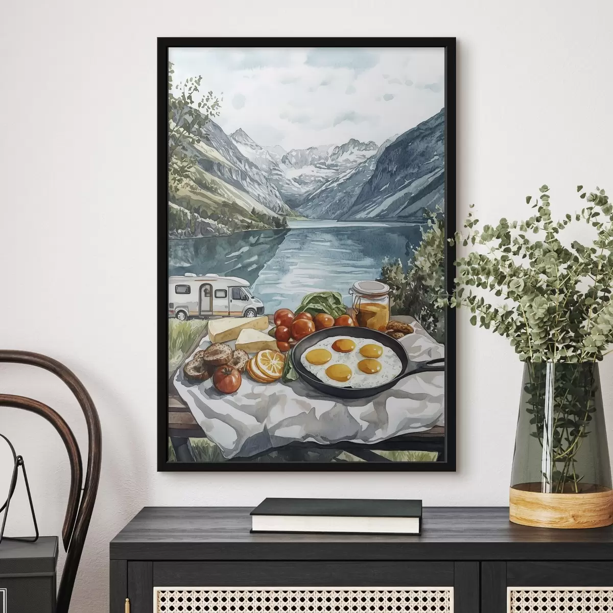 Poster Reisen, Naturlandschaften, Aquarellstil, Norwegen, Frühstück, Van f42431