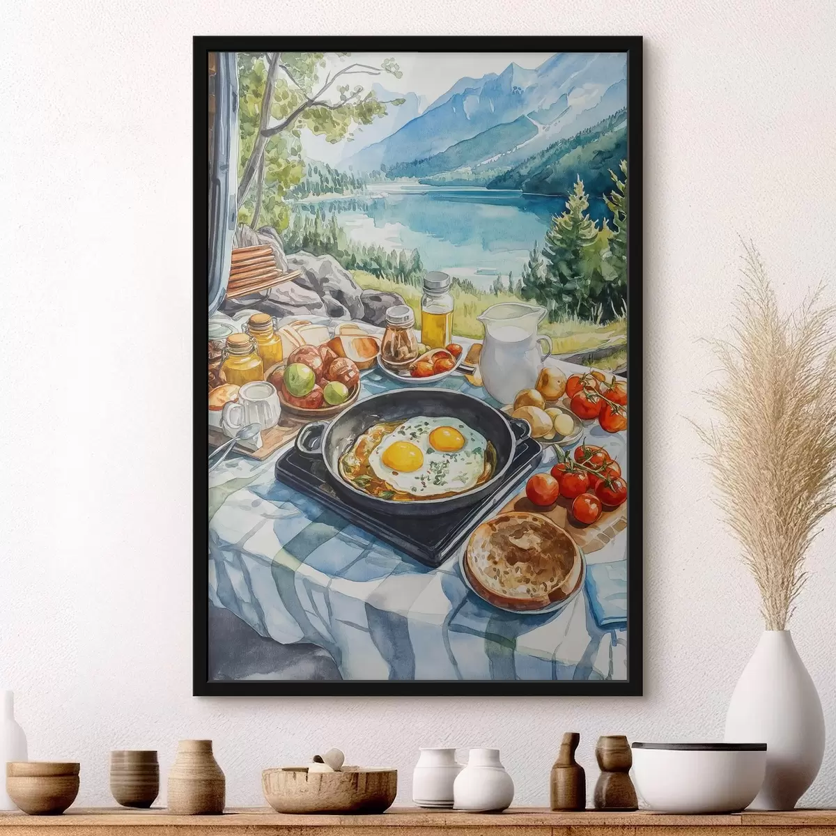 Poster Ästhetisches Frühstück am See, Aquarellstil f42432