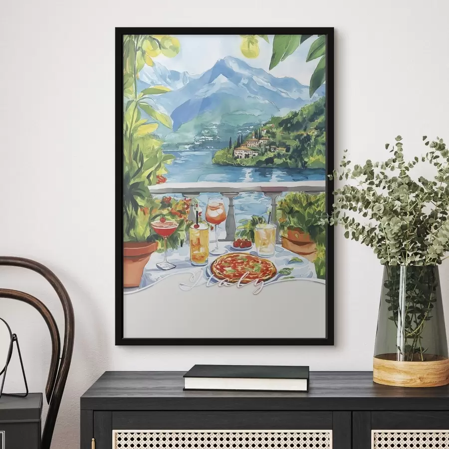 Fototapete Italien Ästhetik, Aquarellstil, Pizza und Cocktails, Berge f42434