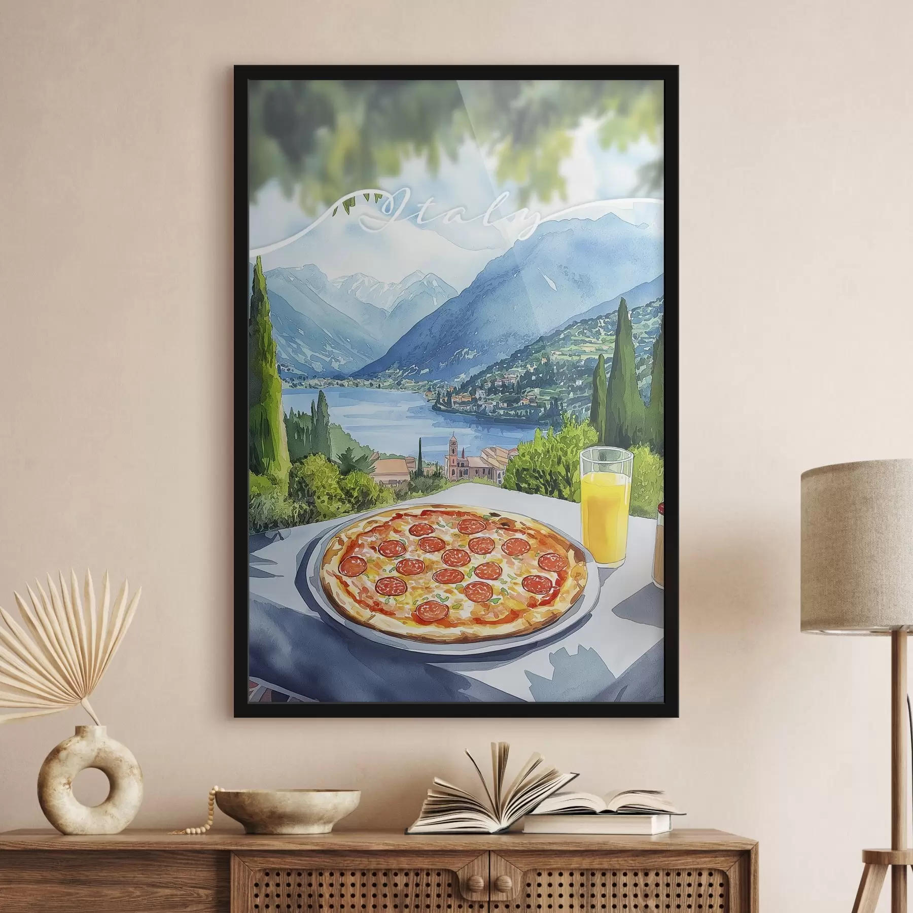 Wandbilder Aquarell-Stil, Italien, Pizza, alte Stadt, Berge Landschaft f42435