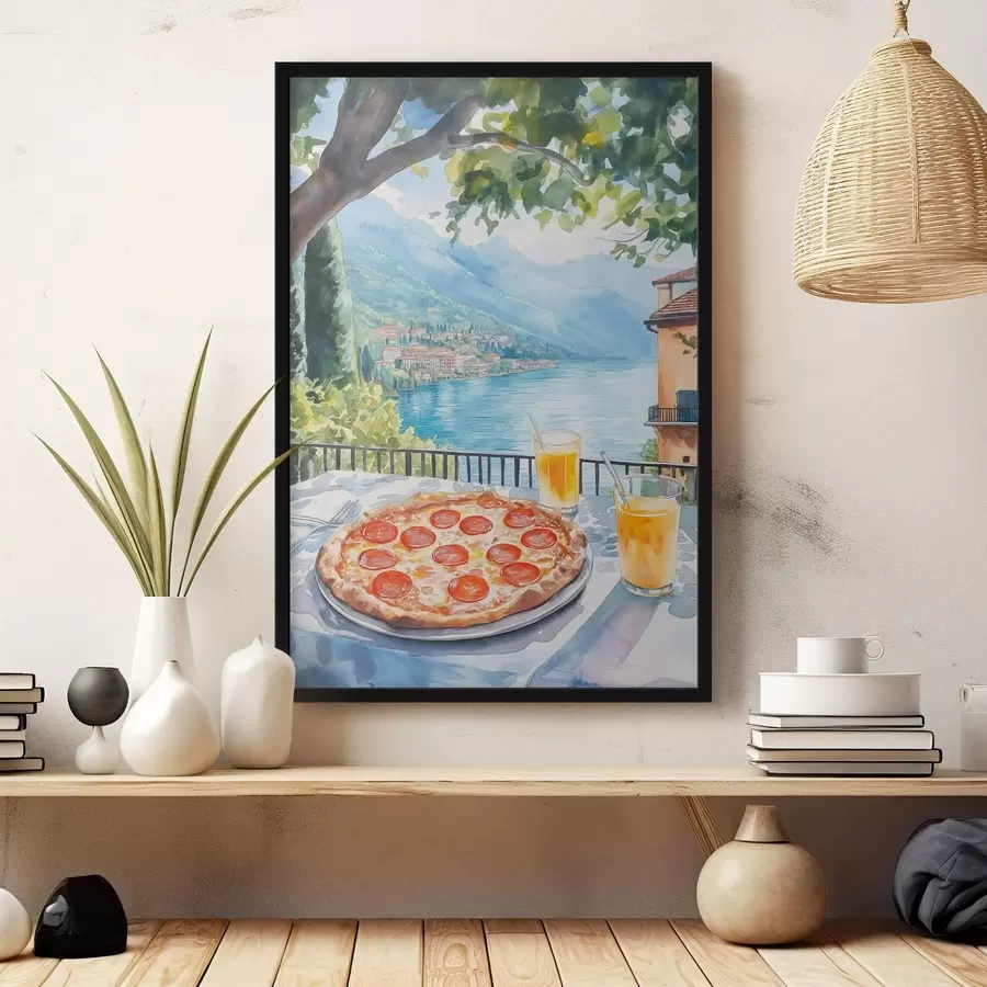 Fototapete Brunch in Italien, Aquarellstil, Pizza Margarita, See, Sommer Natur f42436