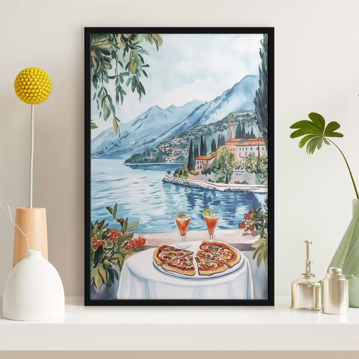 Poster Comer See, Italien, Aquarellstil, Pizza, Cocktails, Altstadt, Berge f42437