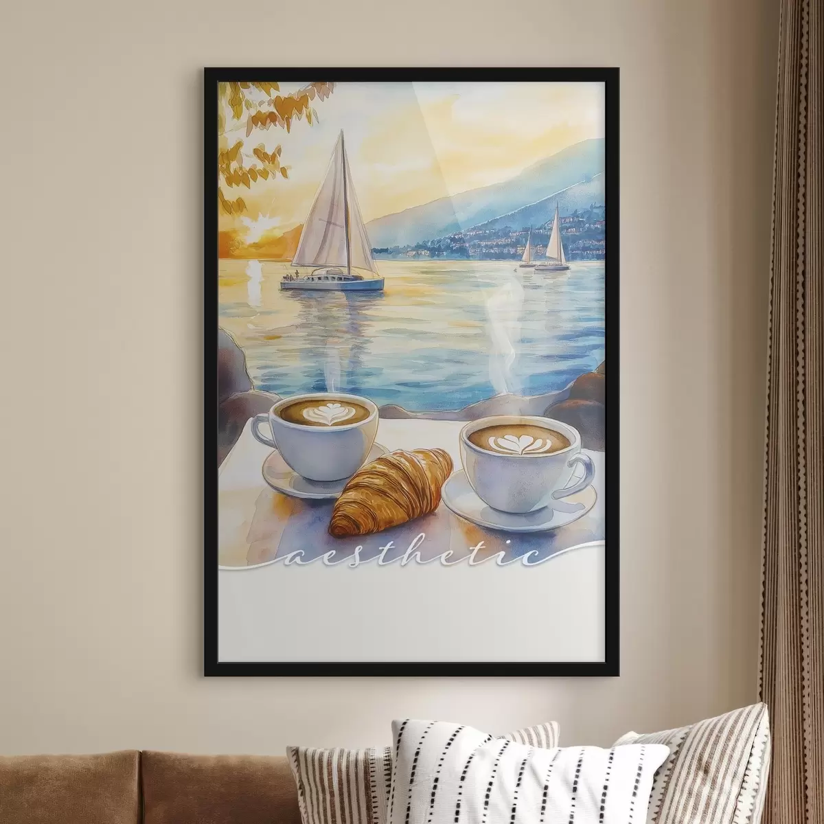 Poster Zwei Tassen Cappuccino, Aquarell-Stil, Meer Sonnenuntergang, Segelboote, Berufung f42438
