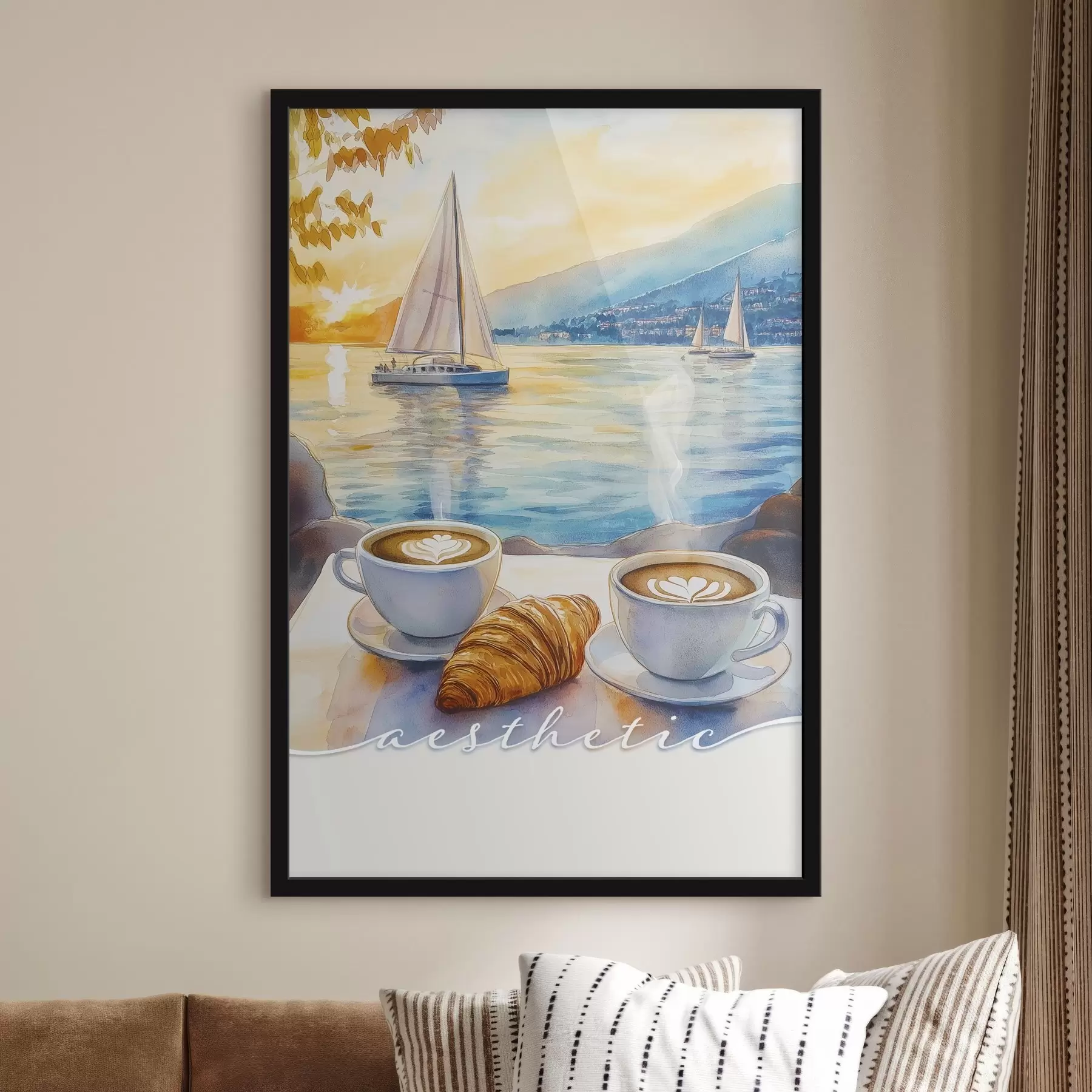 Fototapete Zwei Tassen Cappuccino, Aquarell-Stil, Meer Sonnenuntergang, Segelboote, Berufung f42438