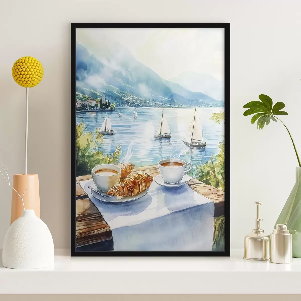Poster Sommer See mit Segelbooten, Tassen Kaffee, Croissants, Aquarell-Stil f42441