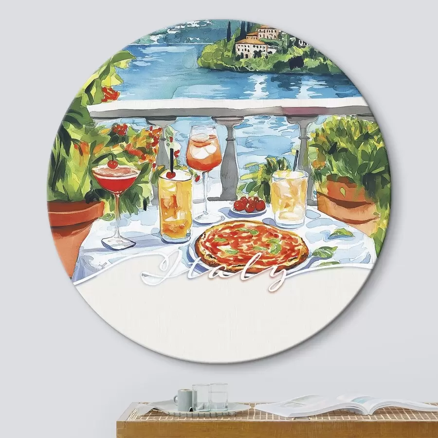 Wandbilder Italien Ästhetik, Aquarellstil, Pizza und Cocktails, Berge r42434