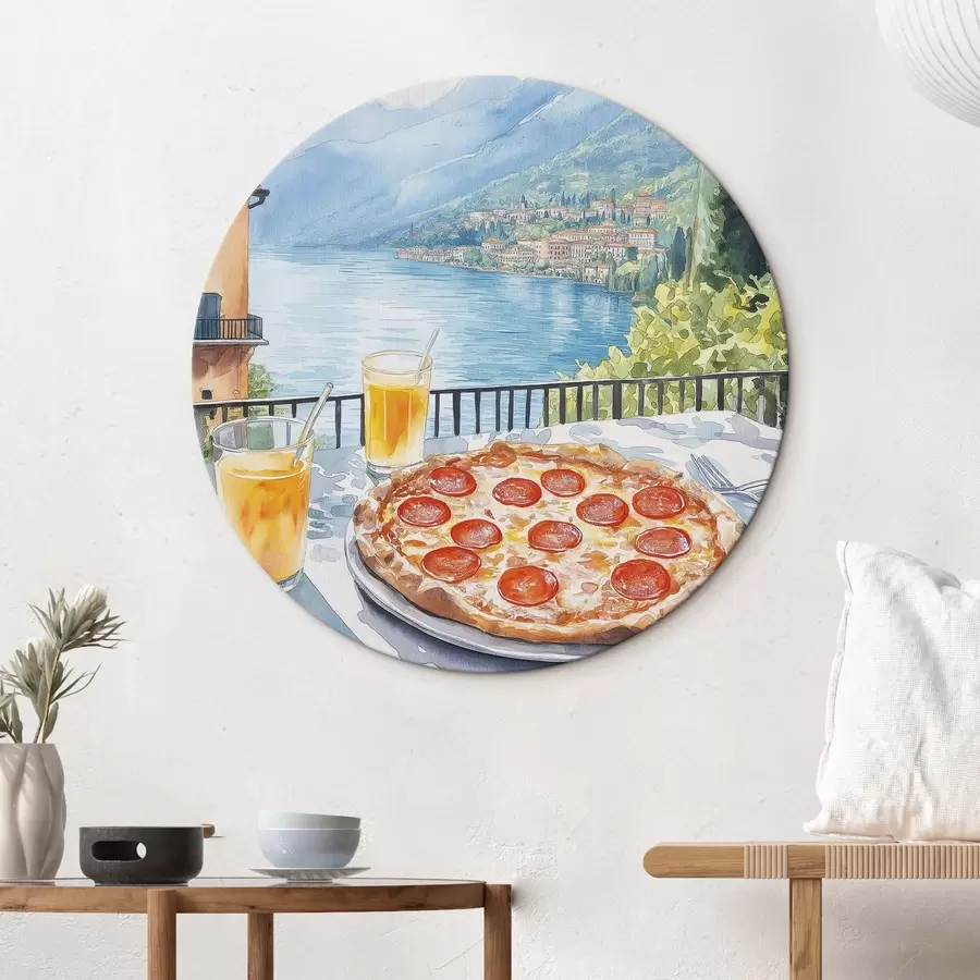 Wandbilder Brunch in Italien, Aquarellstil, Pizza Margarita, See, Sommer Natur r42436