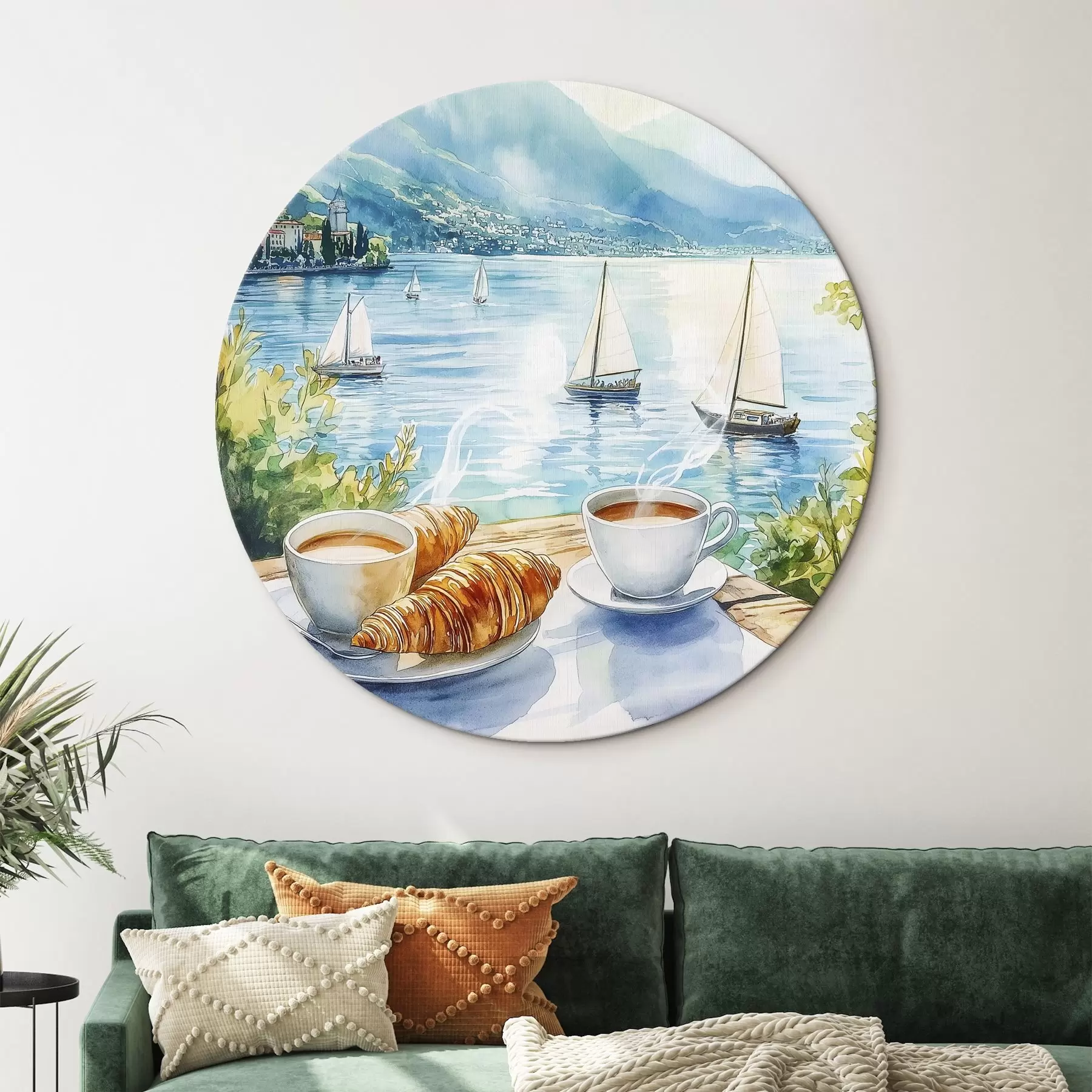 Wandbilder Sommer See mit Segelbooten, Tassen Kaffee, Croissants, Aquarell-Stil r42441