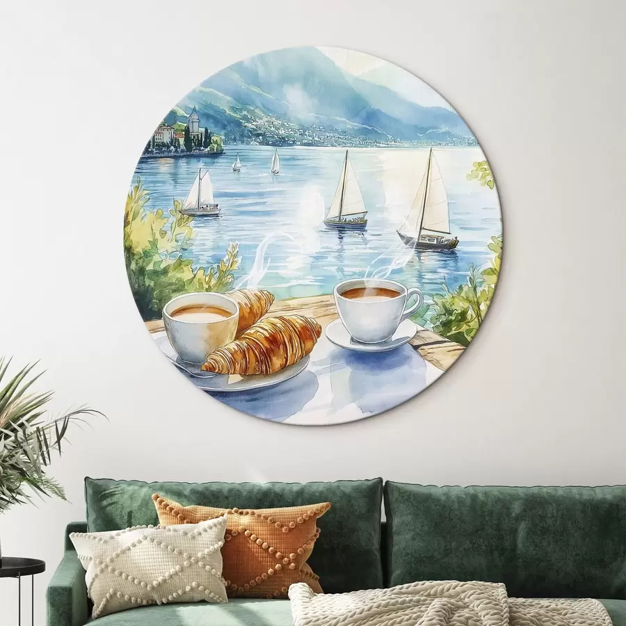 Wandbilder Sommer See mit Segelbooten, Tassen Kaffee, Croissants, Aquarell-Stil r42441