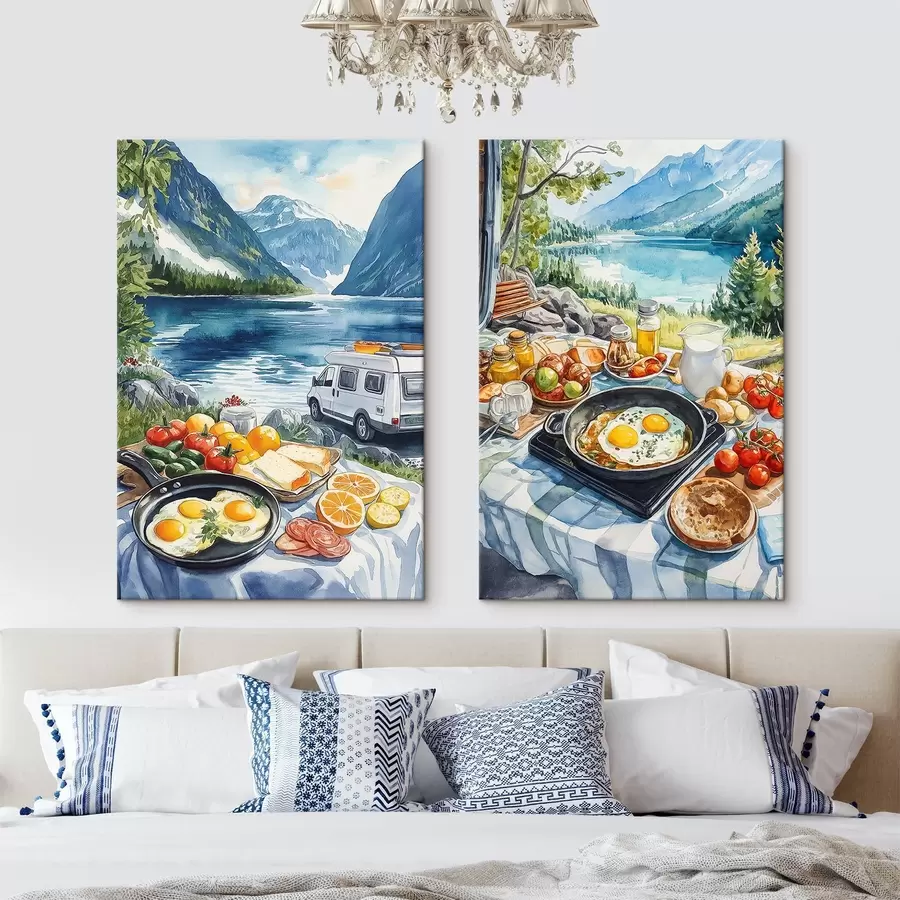 Wandbilder Frühstück in der Natur, Reisen, Leben im Freien, Aquarellstil, Norwegen m00404