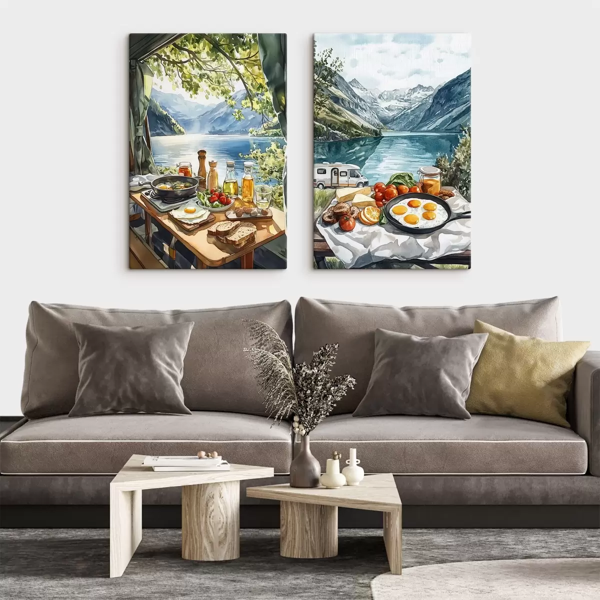 Wandbilder Camping, ästhetisches Frühstück am See, Aquarellstil m00405