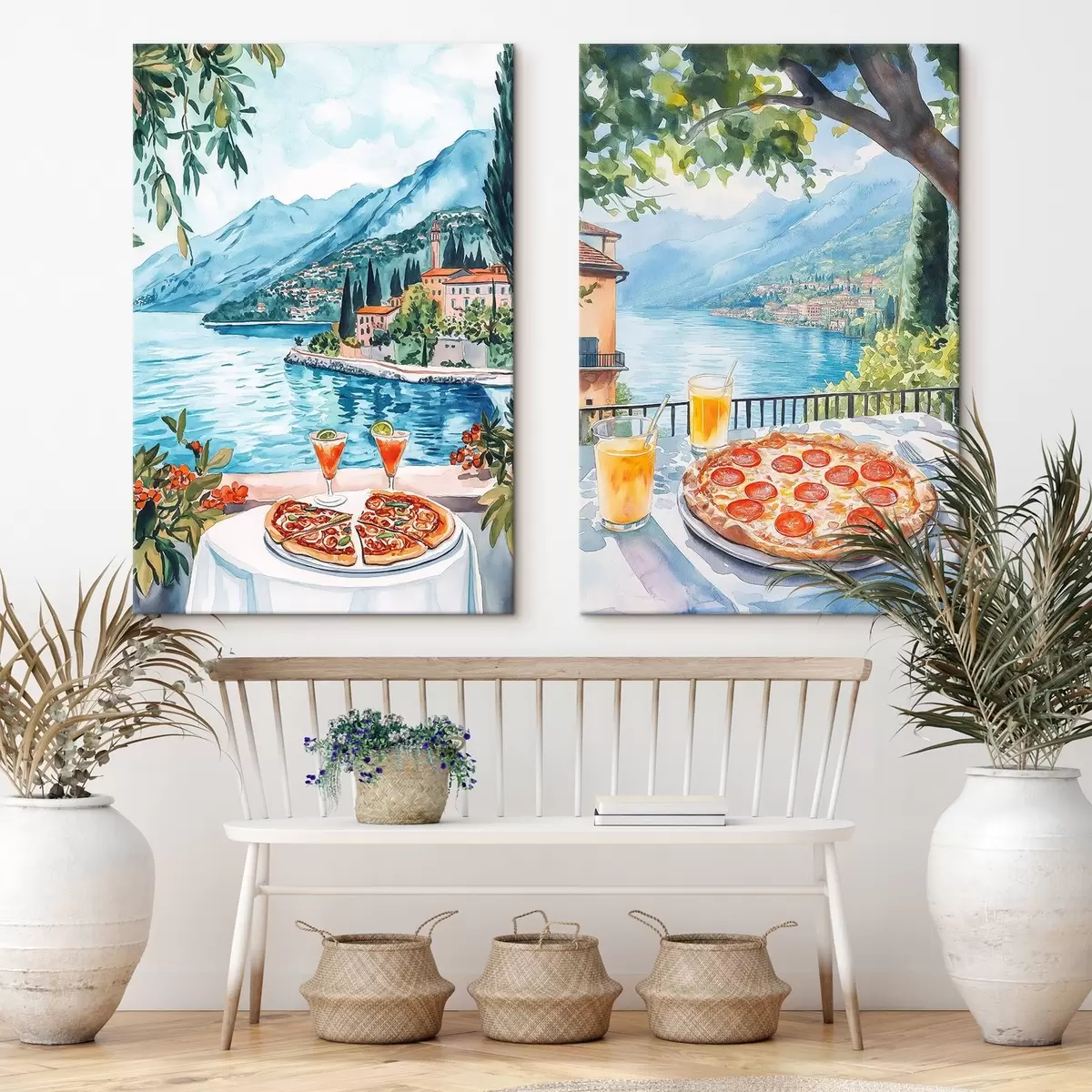 Wandbilder Comer See, Brunch in Italien, Aquarellstil, Pizza Margarita, Sommer Natur m00406