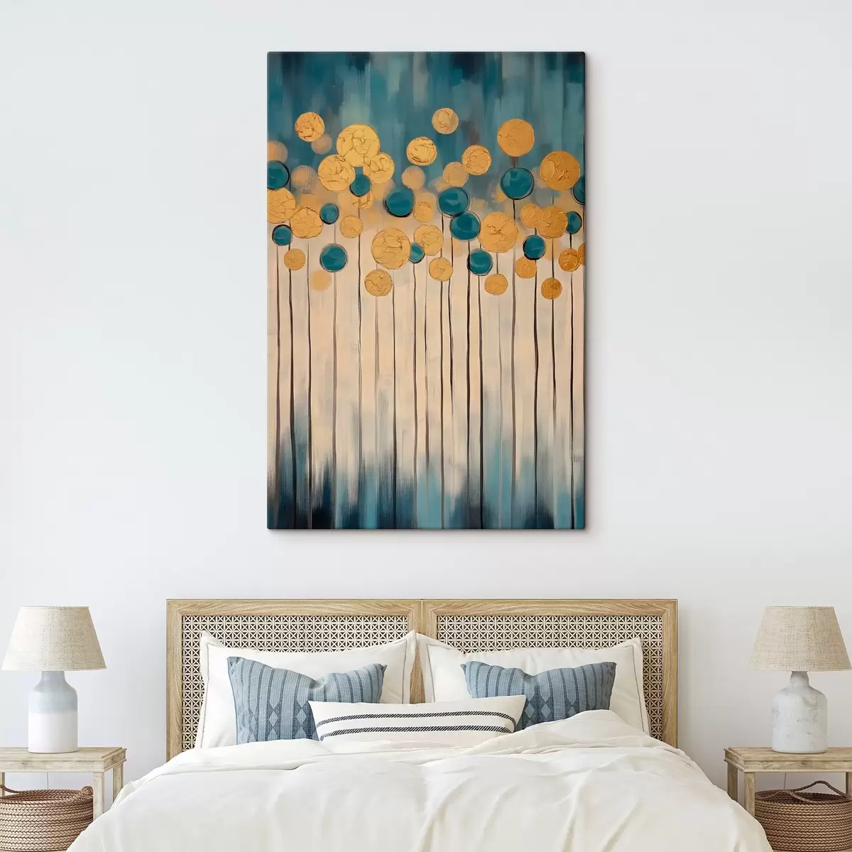 Wandbilder Dekorative Abstraktion mit runden Elementen auf blauem und beigem Hintergrund s42476