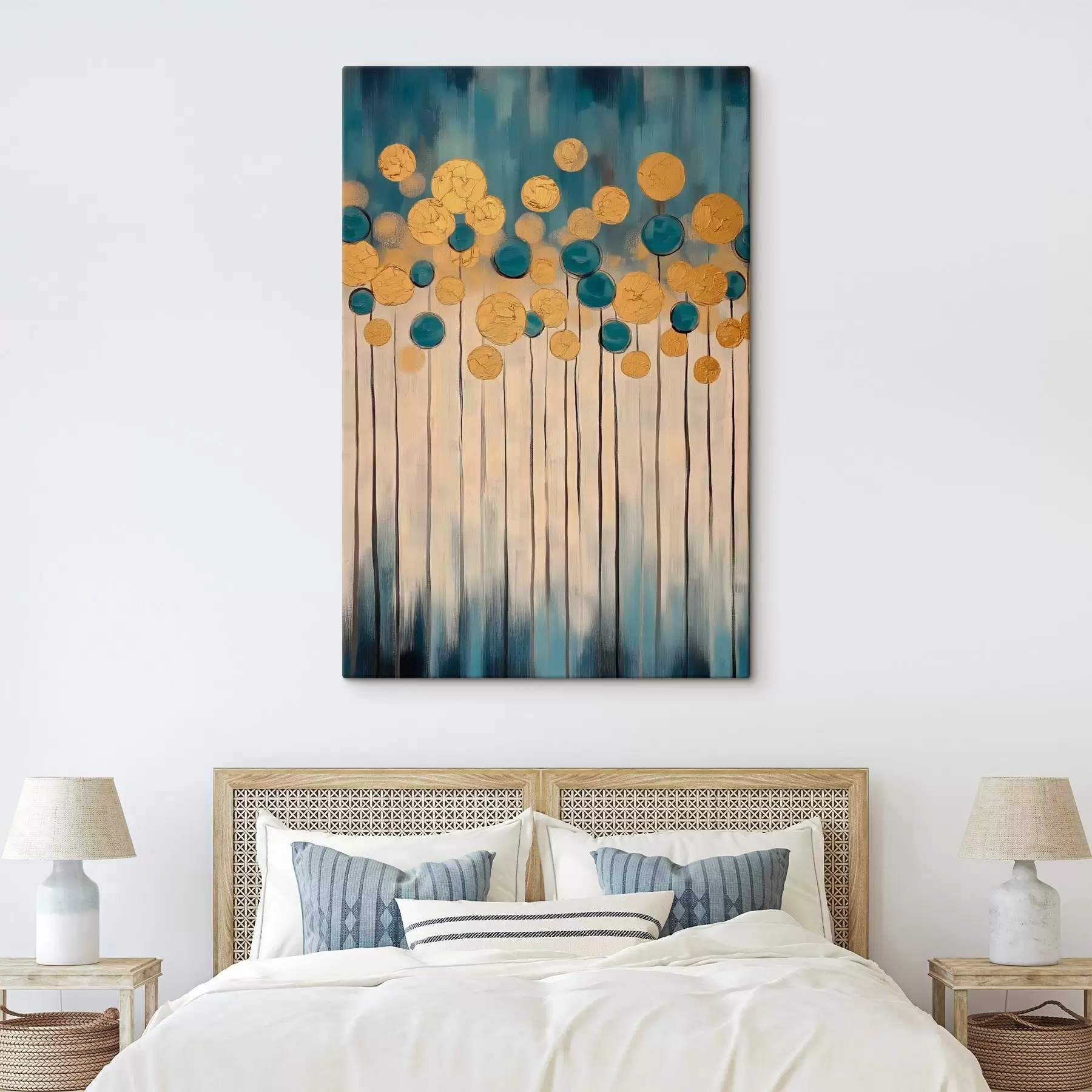 Fototapete Dekorative Abstraktion mit runden Elementen auf blauem und beigem Hintergrund s42476