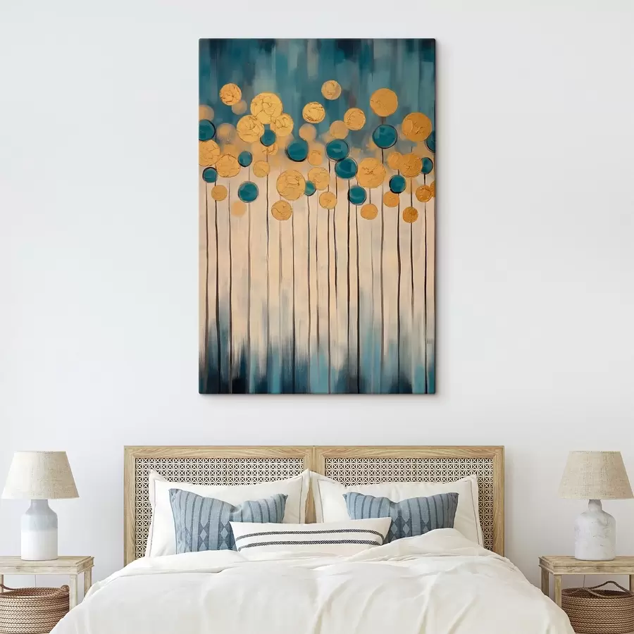 Wandbilder Dekorative Abstraktion mit runden Elementen auf blauem und beigem Hintergrund s42476