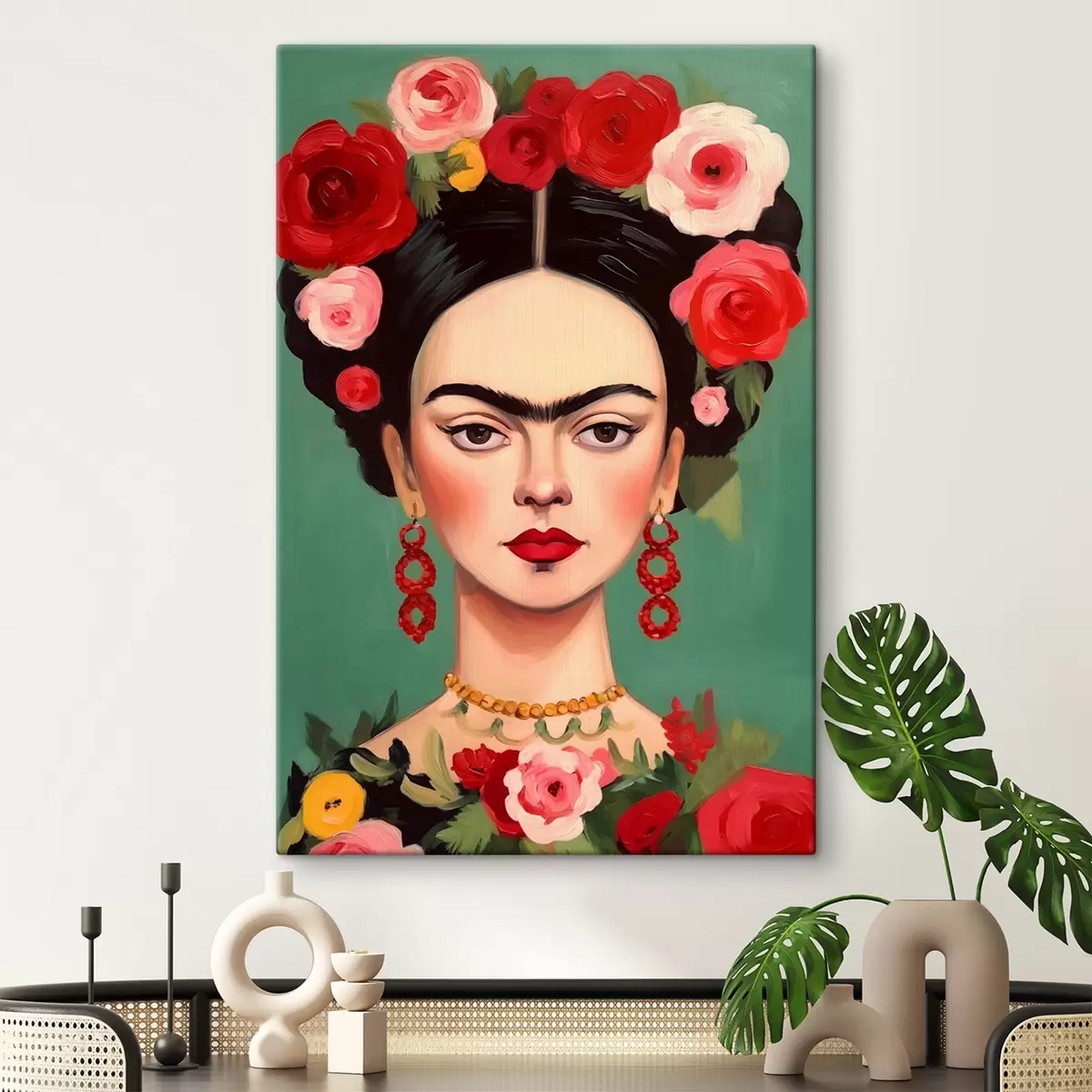 Wandbilder Porträt von Frida mit einem Blumenkranz auf grünem Hintergrund s42485
