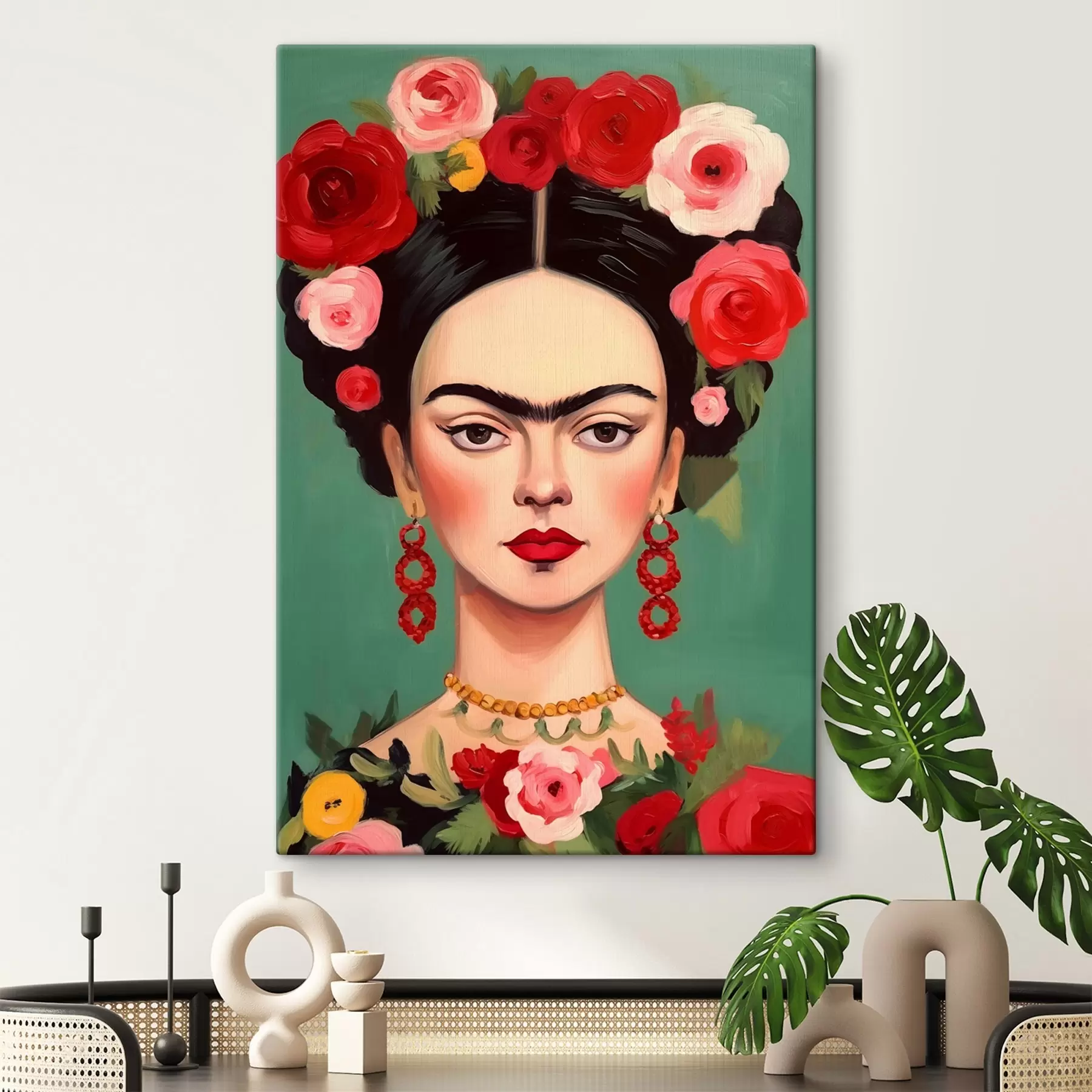 Fototapete Porträt von Frida mit einem Blumenkranz auf grünem Hintergrund s42485