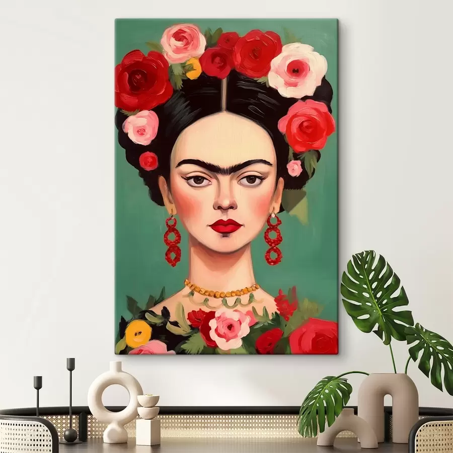 Wandbilder Porträt von Frida mit einem Blumenkranz auf grünem Hintergrund s42485