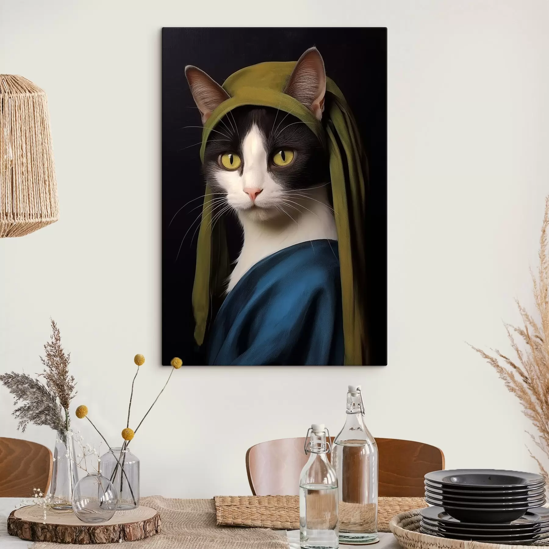 Fototapete Katze im Porträtstil mit Perlenohrring s42486