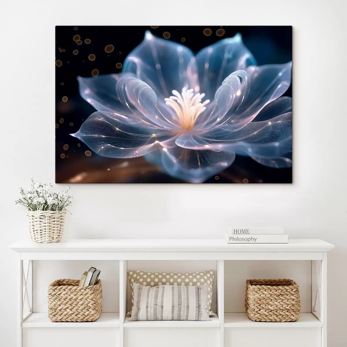 Wandbilder Helle Blume mit transparenten Blütenblättern auf dunklem Hintergrund s42488