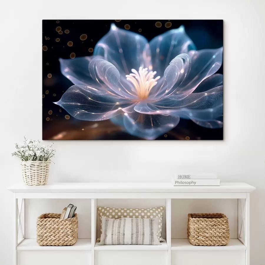 Wandbilder Helle Blume mit transparenten Blütenblättern auf dunklem Hintergrund s42488