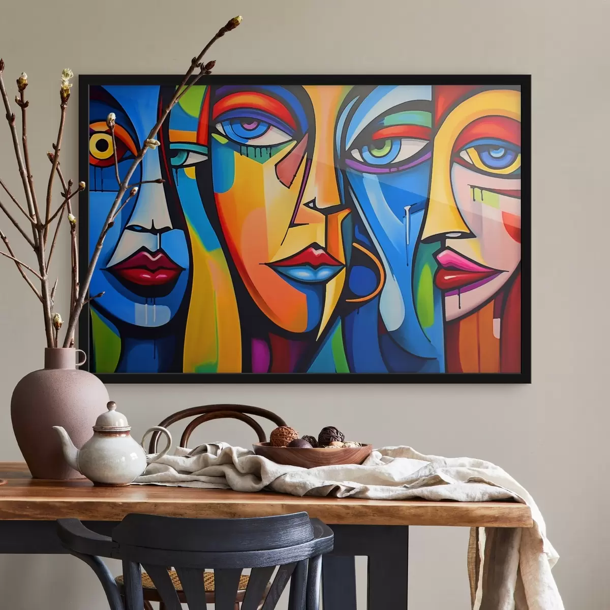 Poster Abstraktes Bild von Gesichtern mit hellen geometrischen Formen f42473