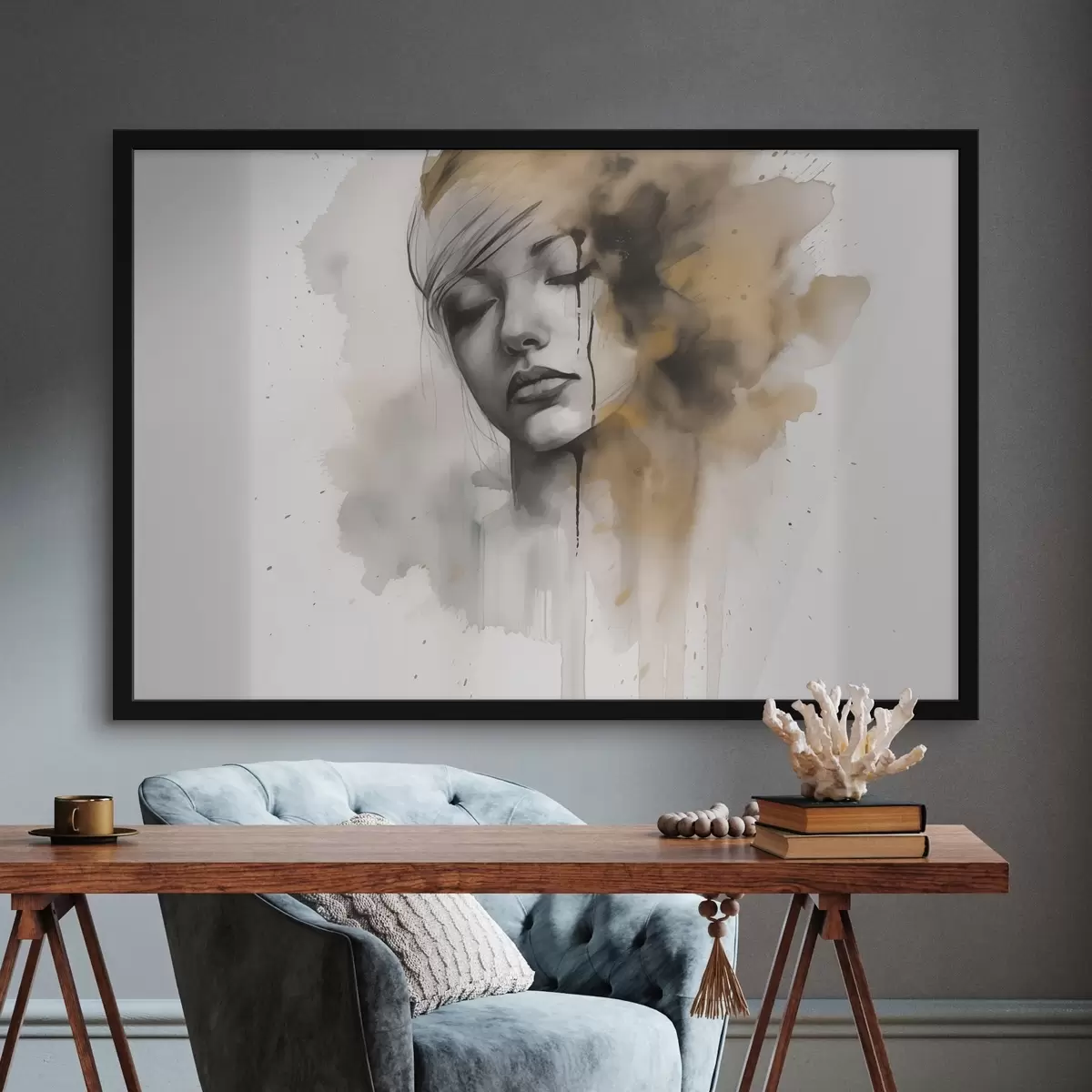 Poster Porträt eines Mädchens in Aquarelltechnik mit abstrakten Schatten f42474