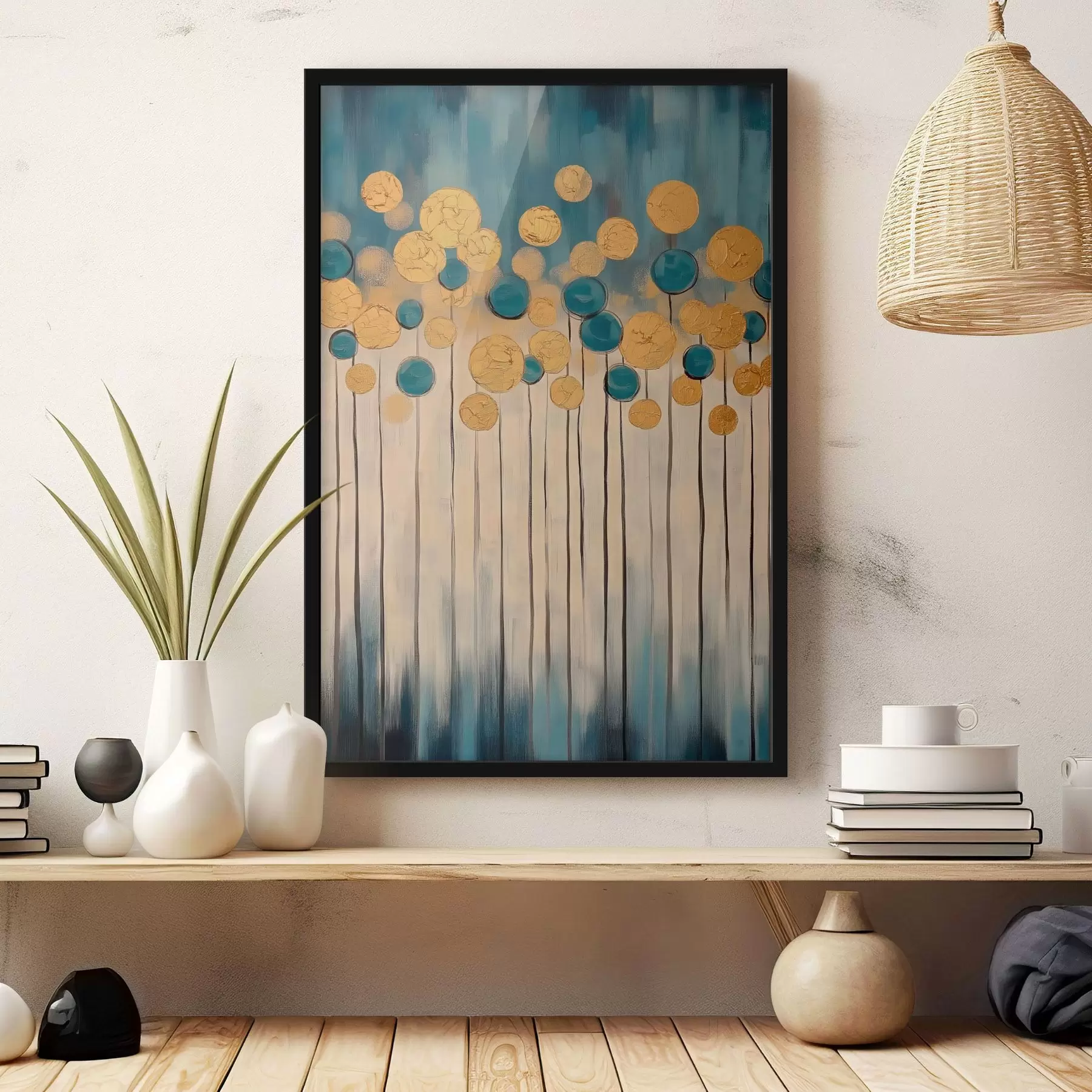 Fototapete Dekorative Abstraktion mit runden Elementen auf blauem und beigem Hintergrund f42476