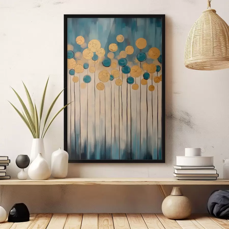 Fototapete Dekorative Abstraktion mit runden Elementen auf blauem und beigem Hintergrund f42476