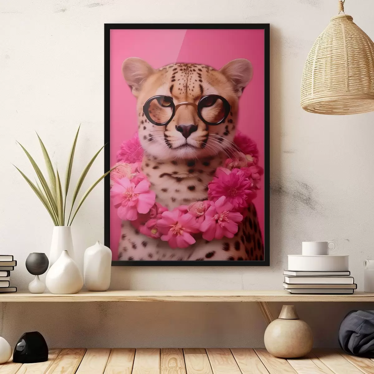Poster Gepard in Brille mit Blumengirlande f42477