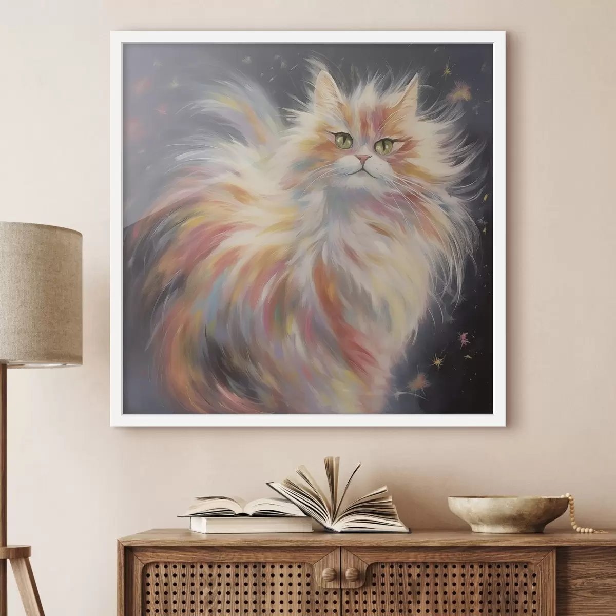 Poster Flauschige Katze mit buntem Fell auf dunklem Hintergrund f42484