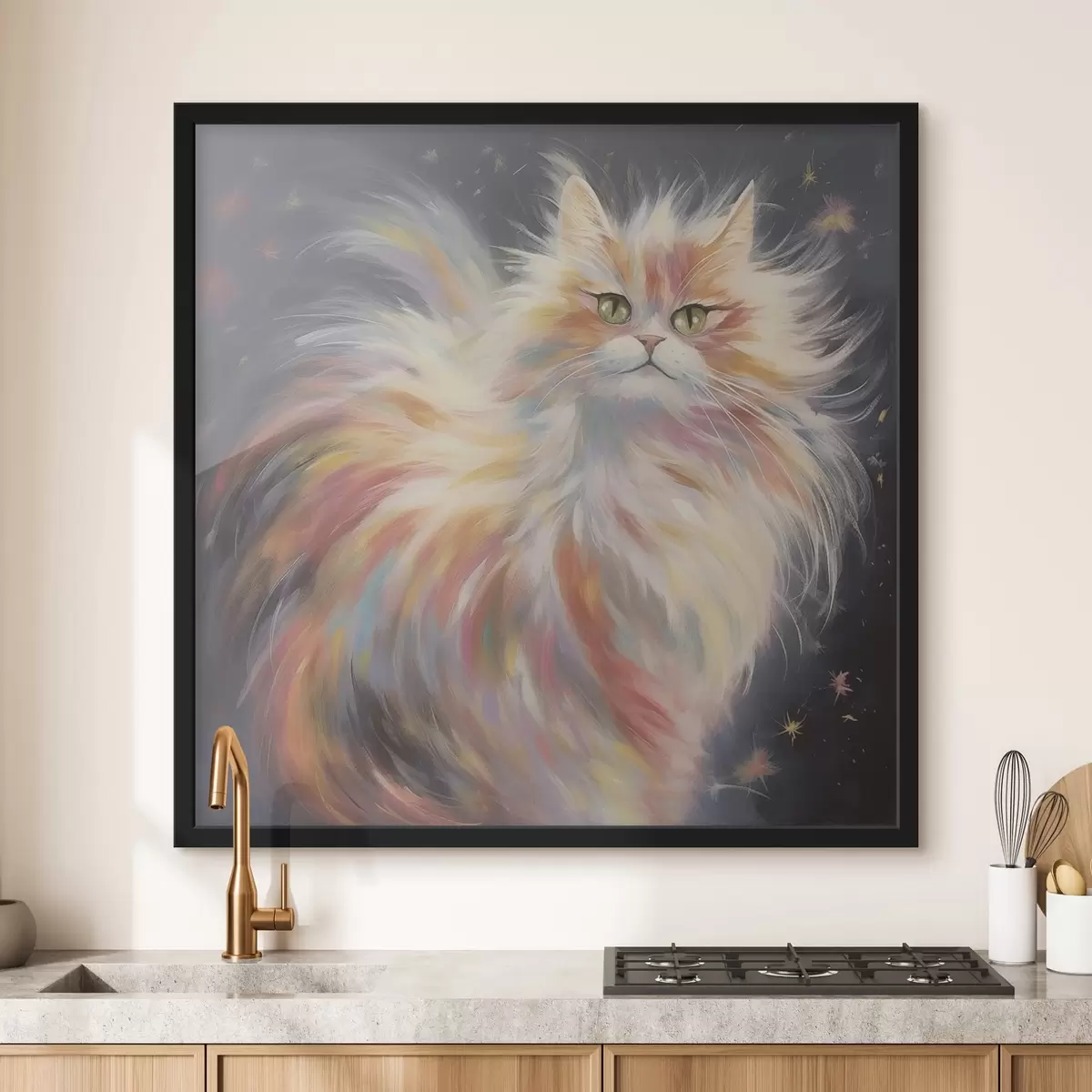 Poster Flauschige Katze mit buntem Fell auf dunklem Hintergrund f42484
