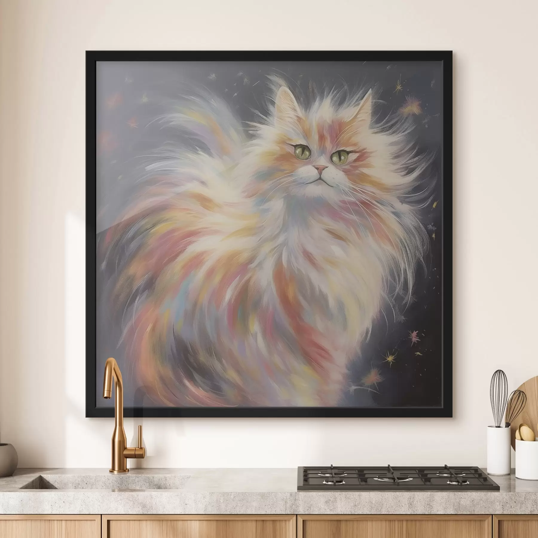 Fototapete Flauschige Katze mit buntem Fell auf dunklem Hintergrund f42484