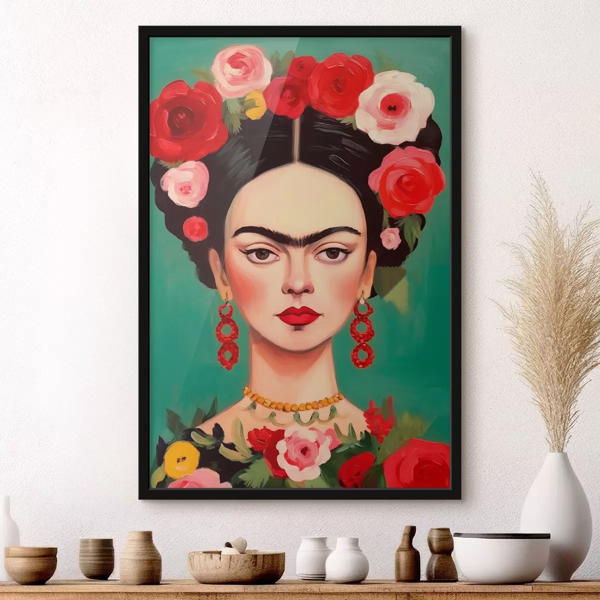 Poster Porträt von Frida mit einem Blumenkranz auf grünem Hintergrund f42485