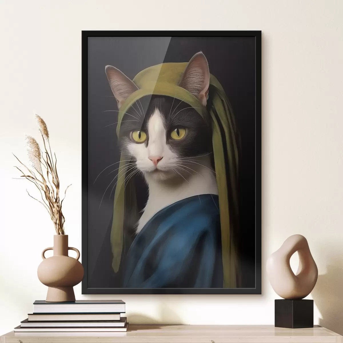 Poster Katze im Porträtstil mit Perlenohrring f42486