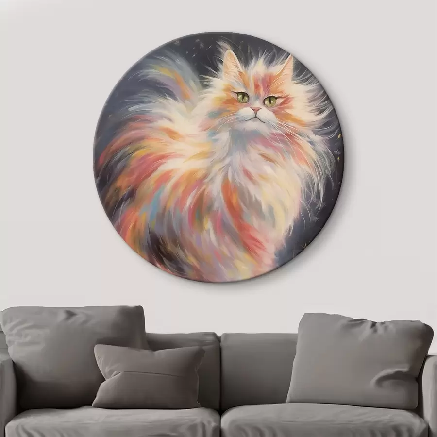 Wandbilder Flauschige Katze mit buntem Fell auf dunklem Hintergrund r42484