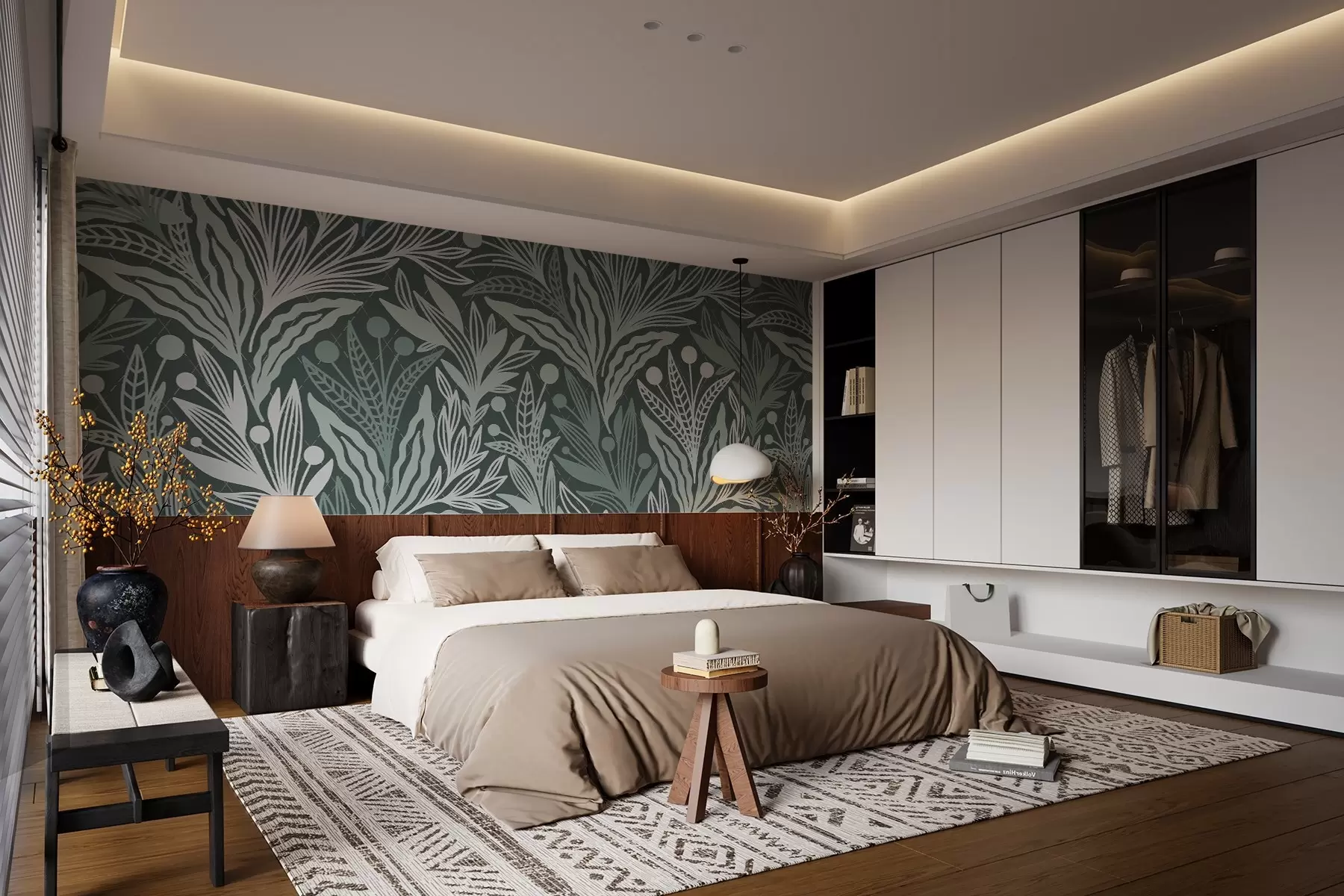 Fototapete Zarte grafische Blätter in grüner Umrandung w02783