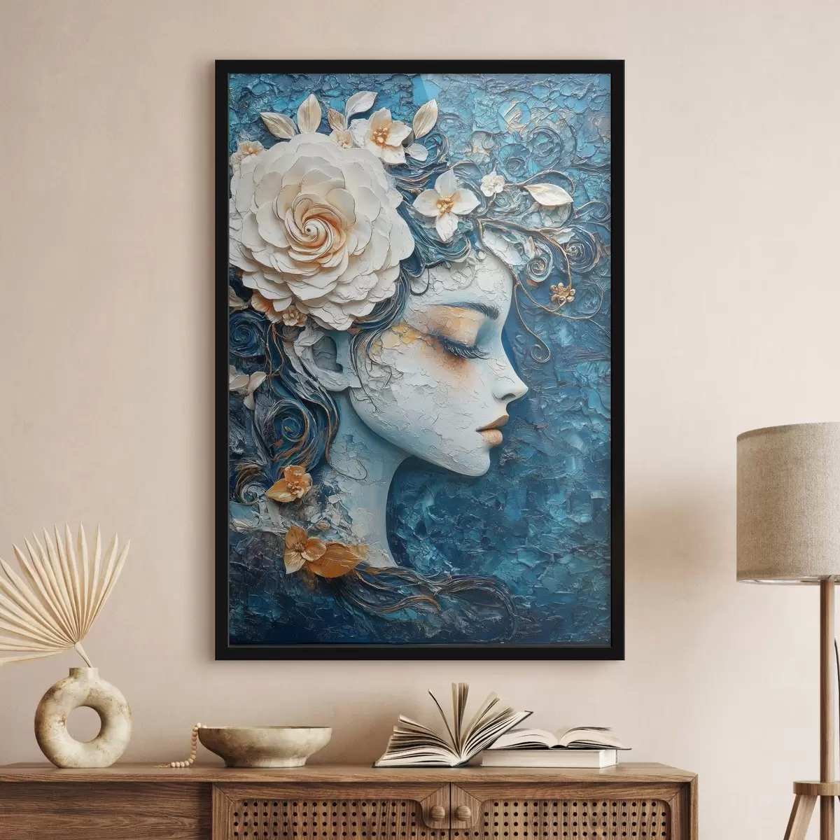 Poster Zeichnung eines Mädchens im Profil in Blautönen f42495